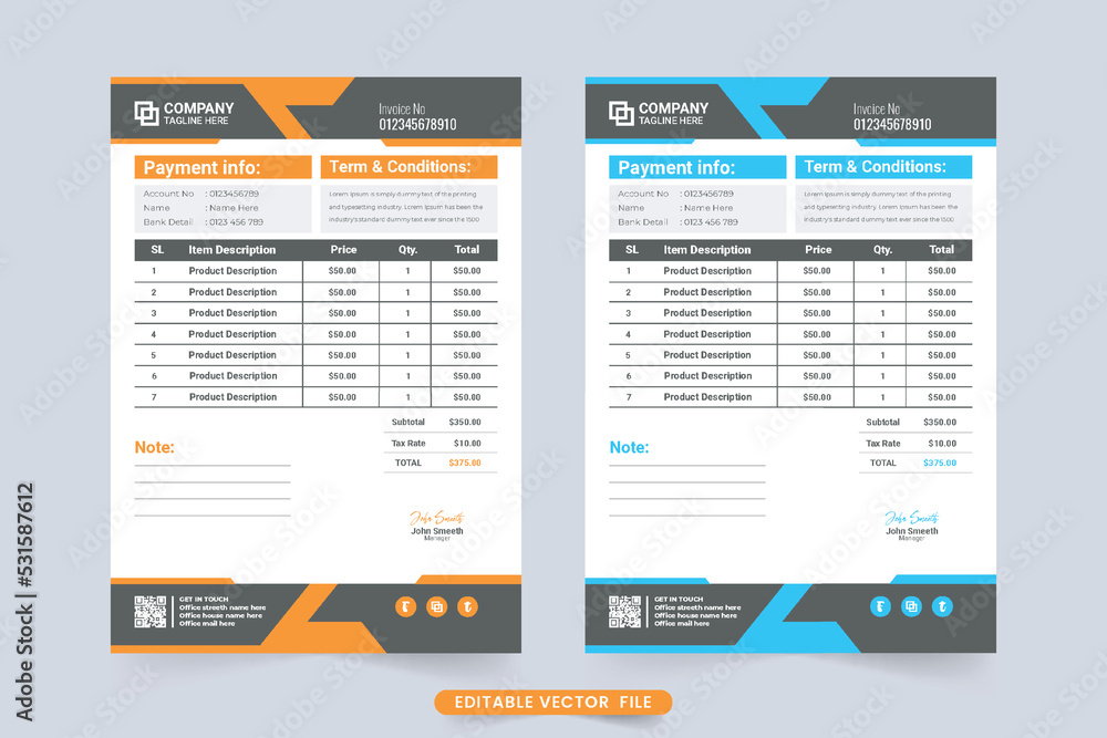 Professional business invoice design with abstract modern shapes. Corporate company purchase receipt and billing template vector with blue and orange colors. Print-ready minimal invoice design. Professional business invoice design with abstract modern shapes. Corporate company purchase receipt and billing template vector with blue and orange colors. Print-ready minimal invoice design.