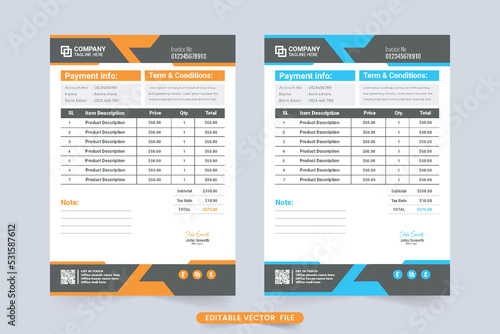 Professional business invoice design with abstract modern shapes. Corporate company purchase receipt and billing template vector with blue and orange colors. Print-ready minimal invoice design.