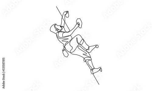 Continuous line of young active man climbing on cliff mountain