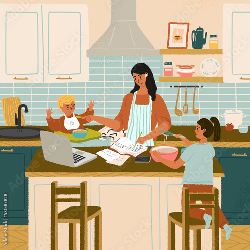 Busy mother with child work and study at home. Woman feeding her baby and working on computer in the same time. Working mom concept vector poster. Maternity and career