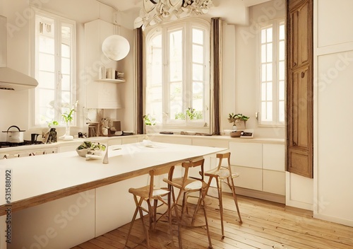 3D rendering of a rustic chic style kitchen