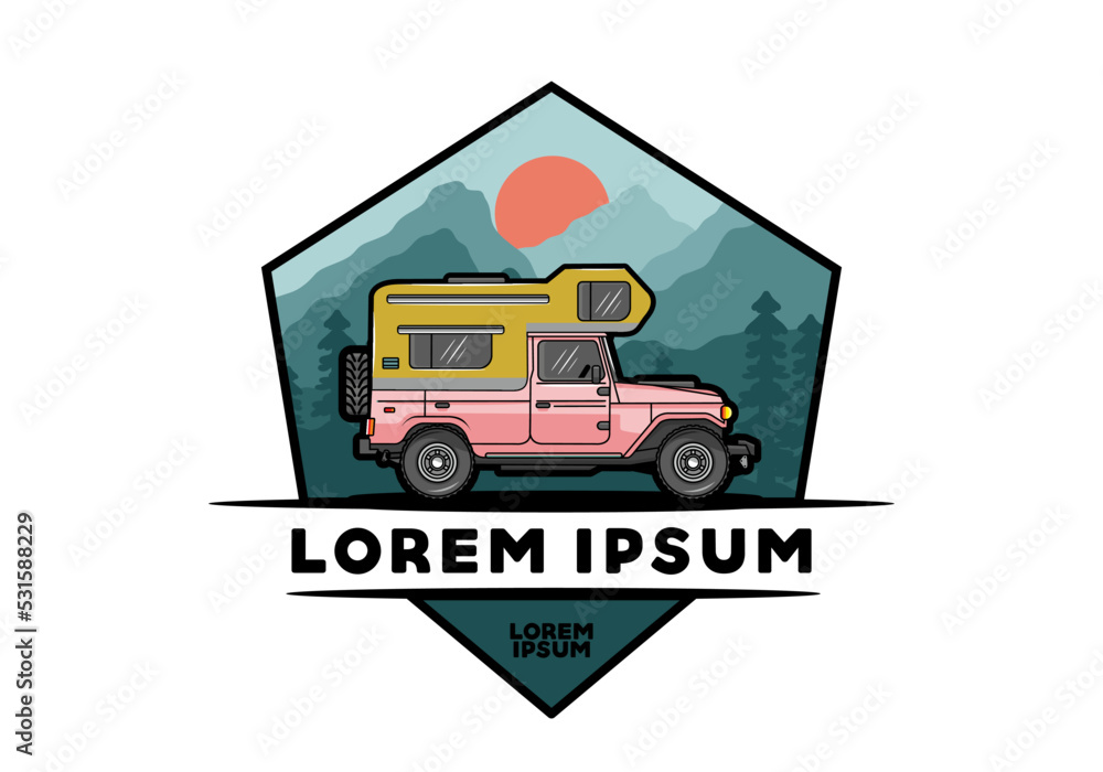 Stocky camper car illustration badge Stocky camper car illustration badge