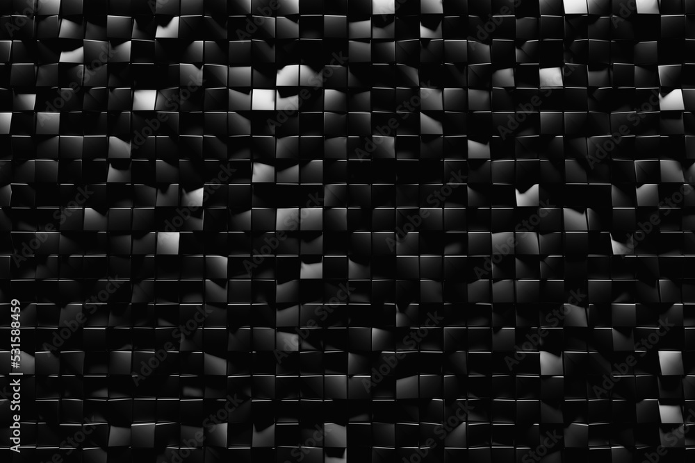 3D rendering. Black pattern of cubes of different shapes. Minimalistic pattern of simple shapes, similar to the tops of mountains. Bright creative symmetric texture 3D rendering. Black pattern of cubes of different shapes. Minimalistic pattern of simple shapes, similar to the tops of mountains. Bright creative symmetric texture
