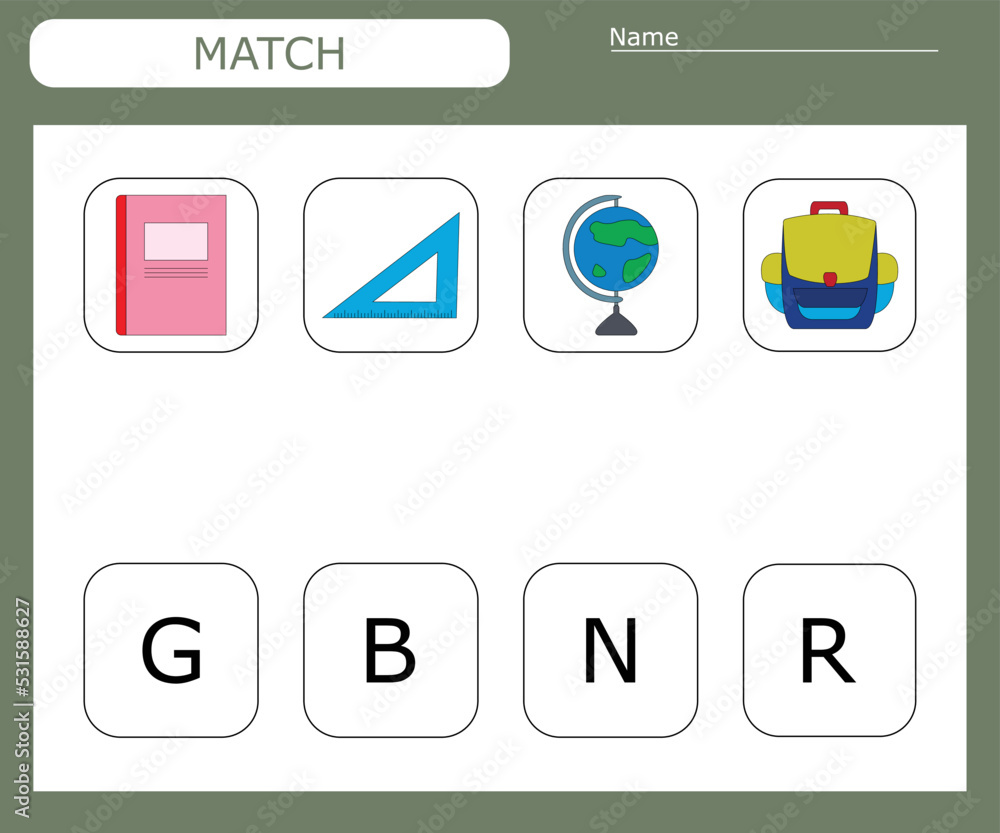 Find the first letter of the school supplies and connect. Educational game for children.
Find the first letter of the school supplies and connect. Educational game for children.
