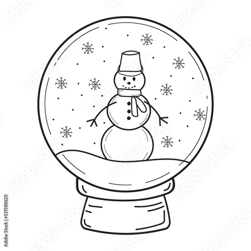 vector illustration of a snowman in a Christmas snow globe. Doodle illustration of a cute snow globe