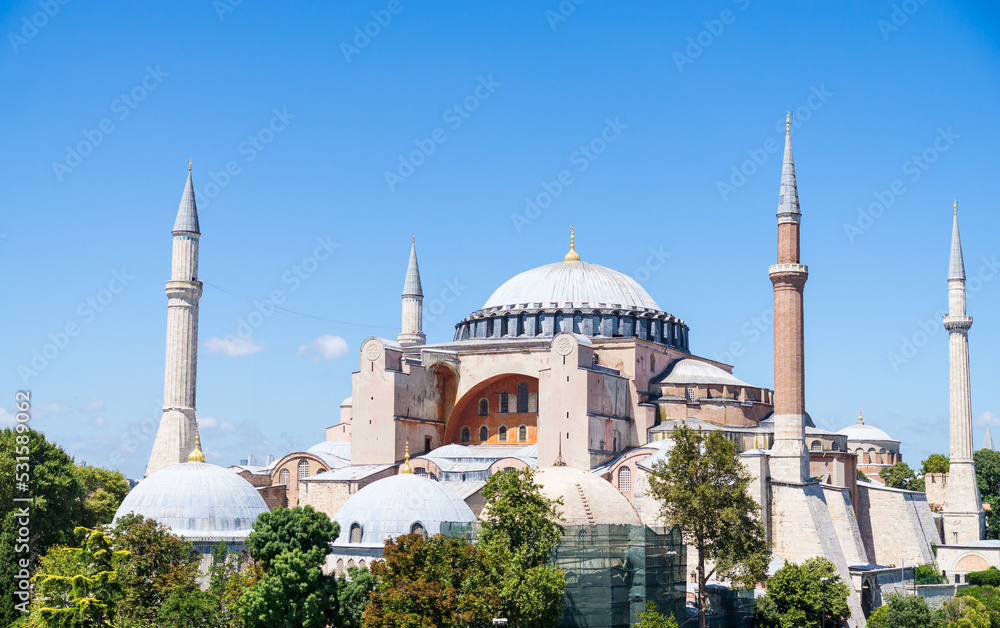Landscape of Istanbul with the Hagia Sophia Mosque on a clear and sunny day.