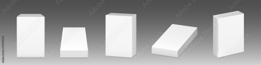 Cardboard boxes mockup, white cargo and parcel packages. Carton containers. Closed packaging for goods, isolated distribution blank packs for pills, food, freight shipping Realistic 3d vector set
