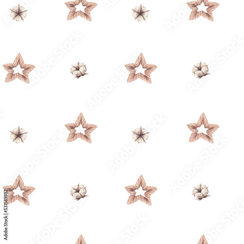 Watercolor pattern with wooden stars and cotton isolated.