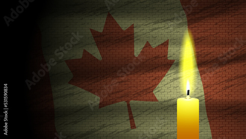Vector mournful burning wax candle on the background of a dark wavy flag of Canada with a brick wall structure. Wallpaper or poster