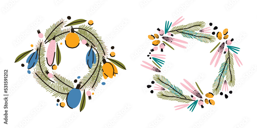 Cute Christmas wreaths with toys and berries. New Year illustration