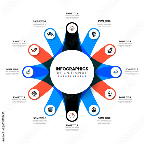 Infographic template. 12 circles connected to the central one