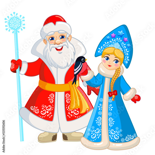 Russian Santa Claus and Snow Maiden in traditional winter clothes. Characters of vintage-style Christmas cards