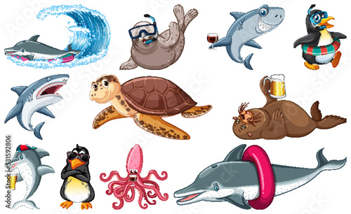 Set of various sea animals cartoon characters