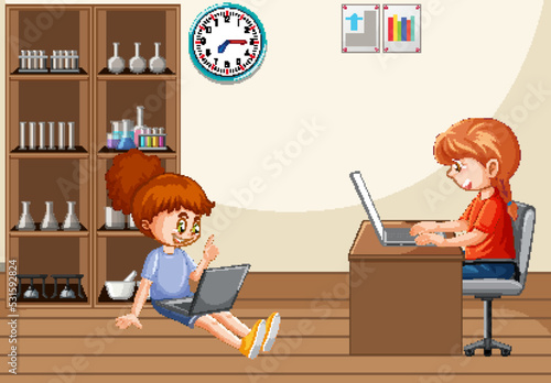 At home scene with children using their laptops