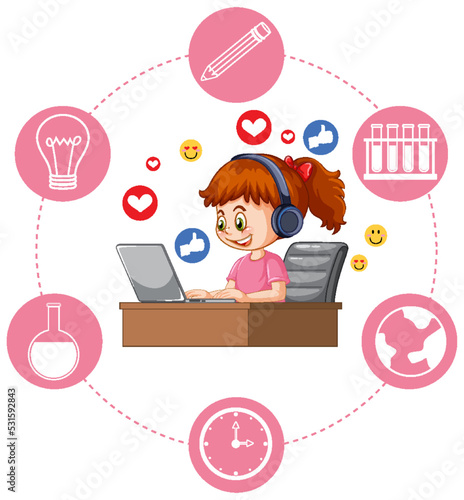 Cute girl browsing social media on laptop