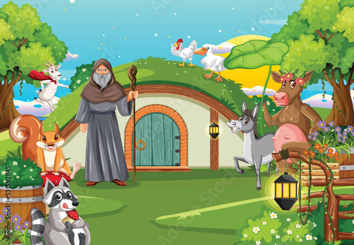 Fantasy cartoon scene with farm animals