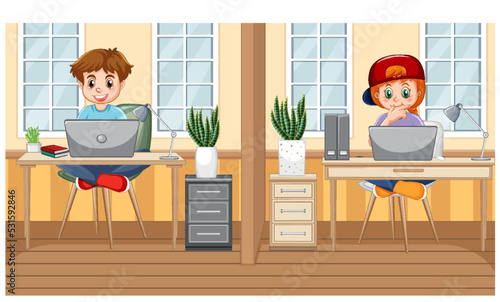 At home scene with children using their laptops