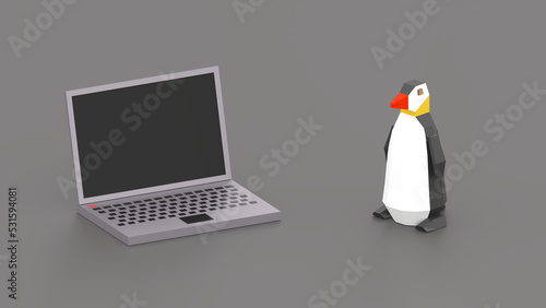 Canvas Print Low poly penguin and laptop on a gray background with copy space