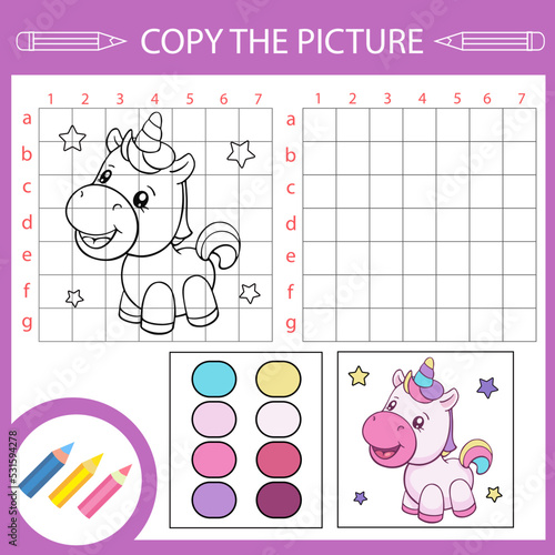 Copy drawing with cute cartoon unicorn. Children education activity page and worksheet with riddle and game. Kids draw art lesson.