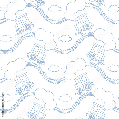 Vector seamless pattern with cartoon train and railroad in clouds. Kids carpet in children room with cute locomotives. 