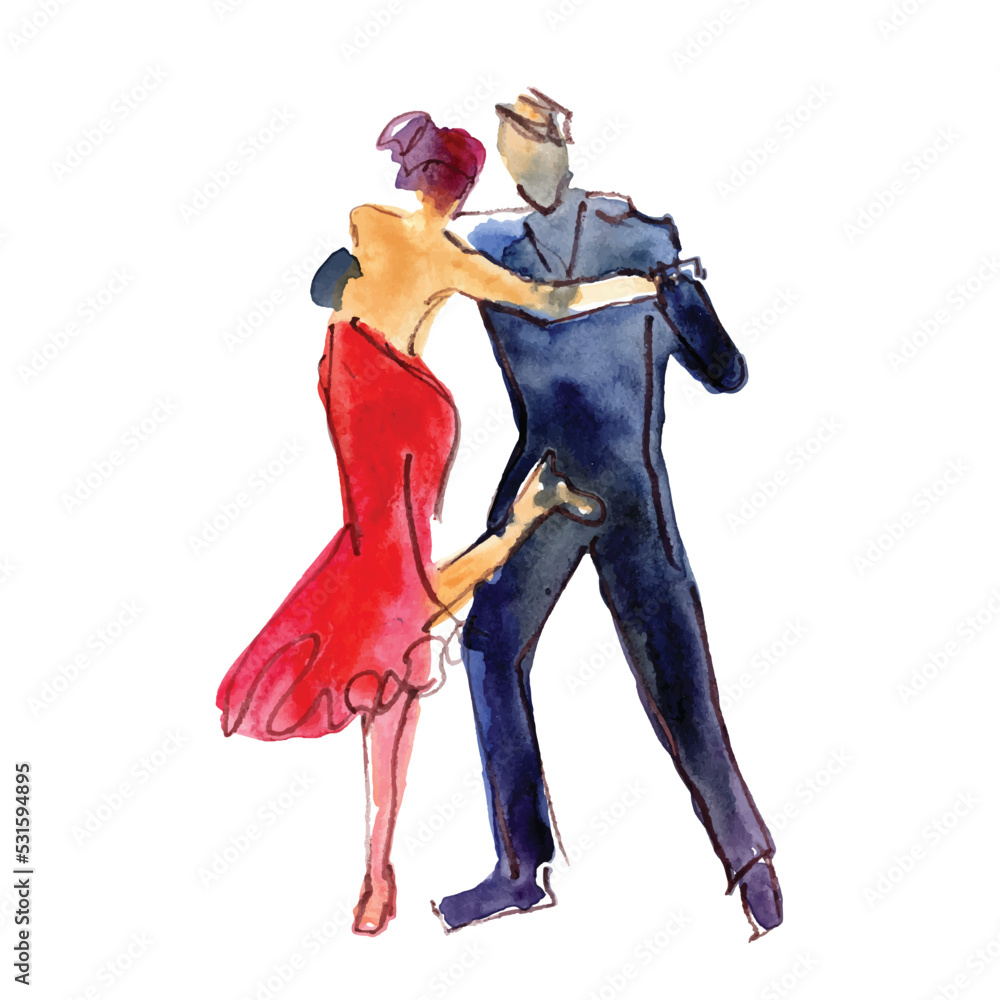 vector watercolor illustration: couple, man and woman dancing tango