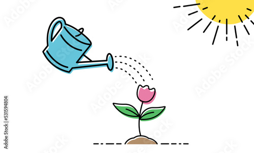 Watering a watering can flower. Concept of plant growth under the sun.