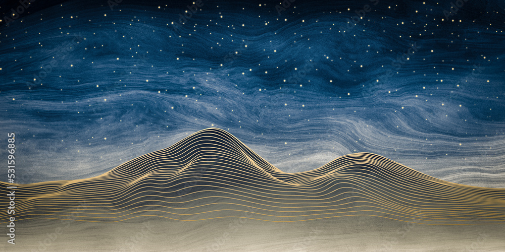 Abstract art landscape mountain starry night sky stars by golden line ...