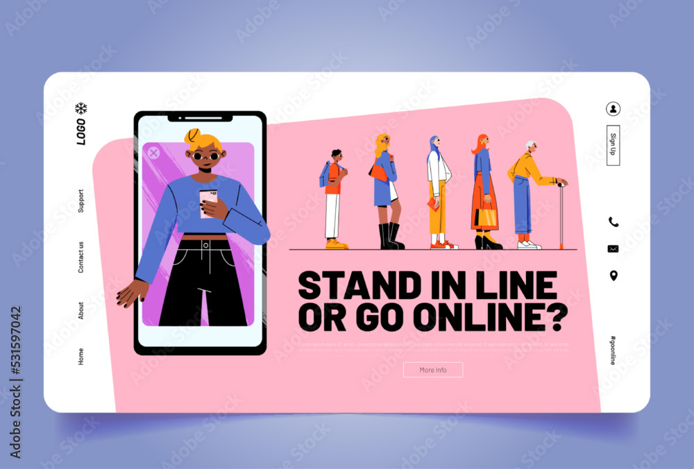 Vetor de Virtual shopping and services VS offline. Stand in line or go ...