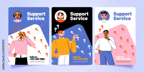 Customer support service posters. Call center online help flyers with specialist solve client problems via internet. Operator staff in headset work on hotline helpdesk, Line art vector web banner