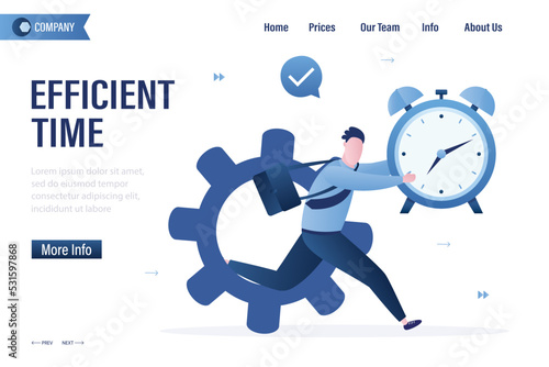 Efficient time, landing page template. Businessman runs away from large gear. Confident male manager holds alarm clock in hand. Efficiency in business, work productivity, deadline.