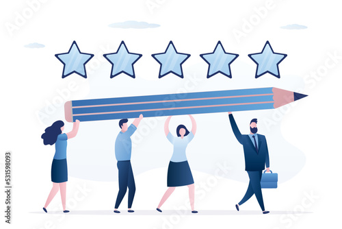 Group of people are carrying large pencil. Feedback, positive rating. High rank, after positive reviews. Online survey, testimonials. Team discussion, community, communication.