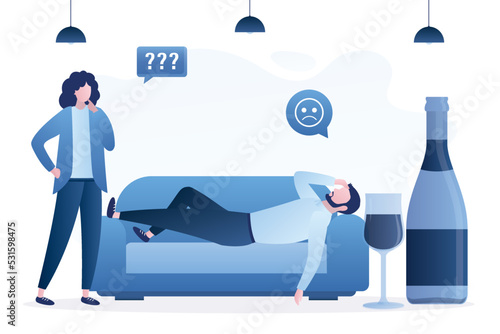 Hangover, unhappy man lies on couch with headache. Health problems after night party. Addiction to alcohol. Large bottle of wine and glass. Wife dissatisfied with husband behavior.