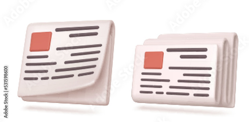 3D newspaper icons set isolated on white background. Vector illustration of press with articles and headlines on pages. Retro business media, daily source of information. Journalism and publishing
