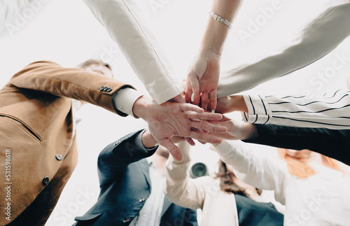 Group of teamwork person holding hands strength collaboration concept. Business partnership success together team. Group of people unity friendship, circle connection.