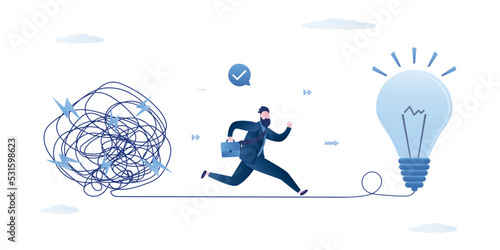 Brainstorming, concept. Smart businessman running away from mess chaos line to lightbulb idea. Simplify idea to find solution, thinking process, creativity to solve problem,