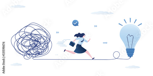 Brainstorming, concept. Smart business woman running away from mess chaos line to lightbulb idea. Simplify idea to find solution, thinking process, creativity to solve problem,