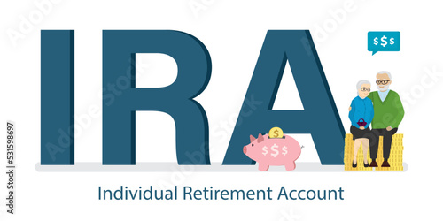 IRA - individual retirement account, horizontal concept banner. Happy elderly couple sitting on golden coin, piggy bank near. Retirement savings, pension fund, passive income