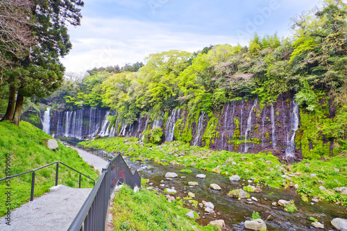 Shiraito waterfall and Fuji Mountain in Shizuoka, Chubu, Japan. photo