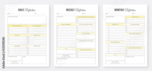 Daily, Weekly, Monthly, Reflection Planner Template Set. Daily, weekly, monthly planner template. Minimalist planner pages templates. Daily, weekly, monthly review tracker.