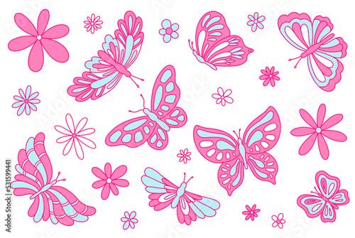 The illustration of butterflies and daisies in blue and pink colors. Nostalgia for the 2000 years. Y2k style.