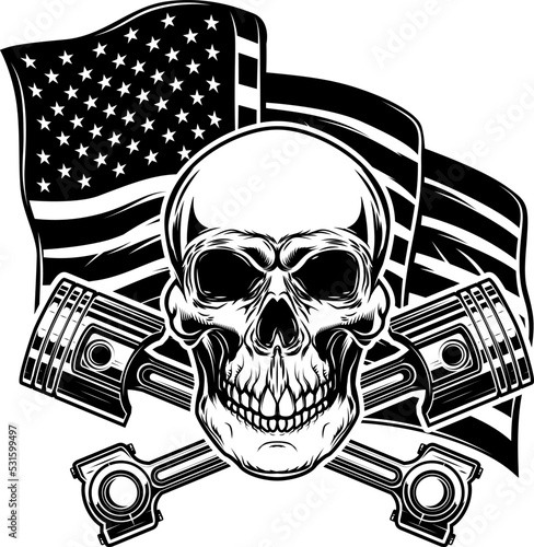 Illustration of skull with crossed pistons on american flag background. Design element for poster, card, banner, sign, emblem. Vector illustration