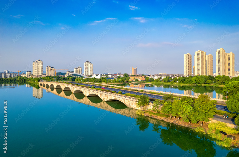 Jiuhong Bridge Urban Environment, Dalin Park, Shaoxing City, Zhejiang Province, China