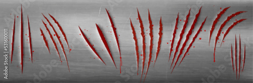 Metal texture with red scratches of wild animal claws. Torn slashes on steel surface, scary talons marks with blood inside and bloody drops, vector realistic illustration