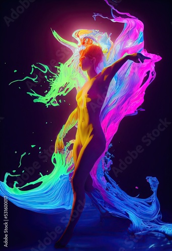 Woman dissolving into neon acrylic paint