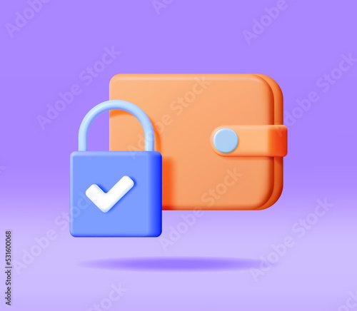 3D Wallet with Padlock Isolated. Render Leather Purse and Pad Lock. Protect Wallet Icon. Safety Payments Concept. Secure Payments, Financial Security, Money Under Protection. Vector Illustration