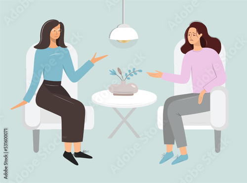 A female psychologist conducts an individual consultation with her patient. A depressed girl needs the help of a psychotherapist. The concept of support in a difficult life situation flat vector style
