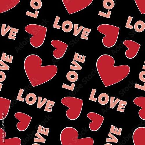 Red heart and love on black background, contrast romantic seamless pattern