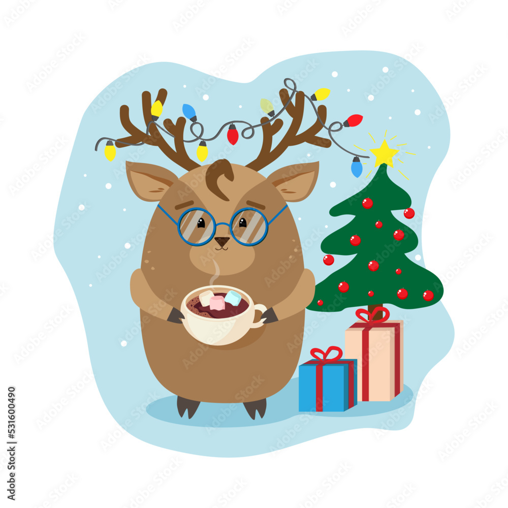 cute Christmas winter illustration of a deer with a Christmas garland on its horns, a Christmas tree with gifts. it's snowing. postcard sticker pattern cute Christmas winter illustration of a deer with a Christmas garland on its horns, a Christmas tree with gifts. it's snowing. postcard sticker pattern