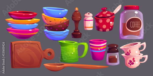Kitchen utensil and supplies, isolated vector set of ceramic or clay cups, plates, glass coffee jar, salt, wooden spoon, pepper pot, seasonings, cutting board, sugar bowl, Cartoon illustration, icons