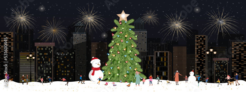 Winter city landscape people celebrating on Christmas night or New year,Vector horizontal banner winter wonderland with firework on daek sky in the town with happy kids playing in the park photo